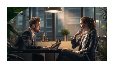 Мъж и жена в офис обстановка, които обсъждат видовете HR услуги,които компанията предлага